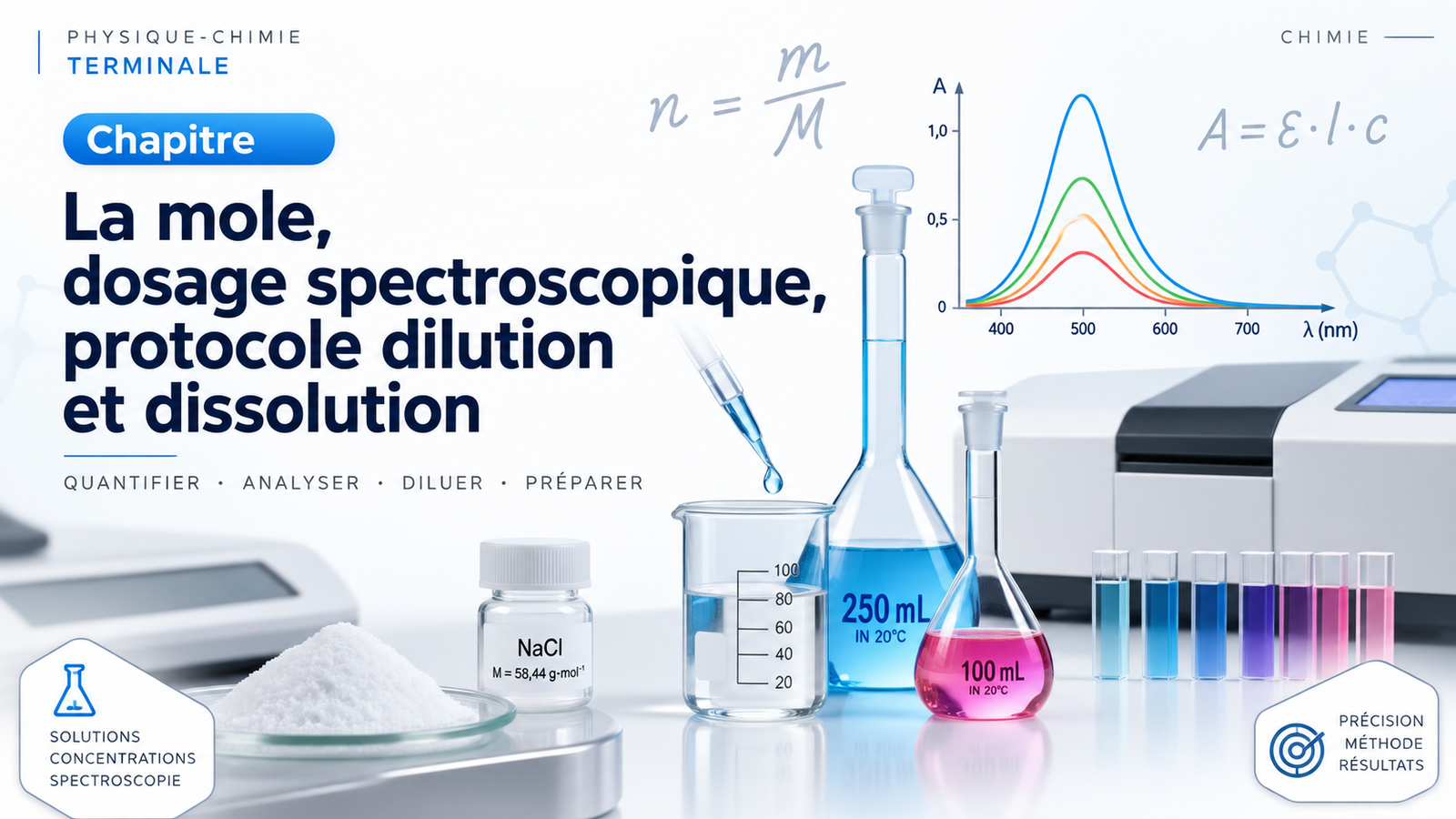 La mole, dosage spectrophotométrique, protocole dilution et dissolution.